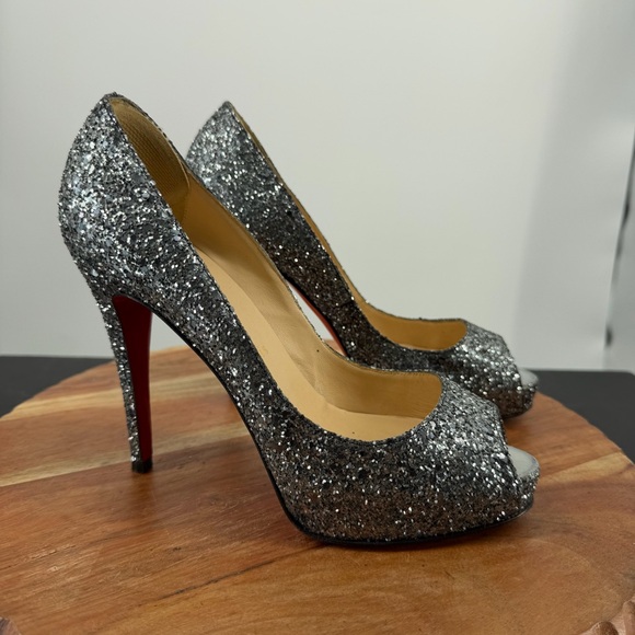 Christian Louboutin Shoes - Christian Louboutin Very Prive peep-toe pumps silver glitter finish 38.5 8.5